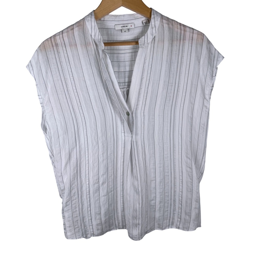 Vince Striped Cap Sleeve Band Collar V-Neck Blouse Womens PS  White Tunic‎
